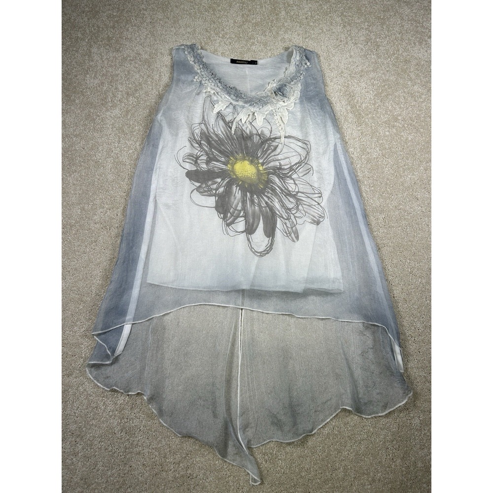 Radzoli Womens M Blue Sheer Sleeveless Tunic Floral LagenLook Boho Beachy Hippie